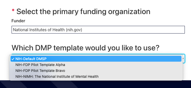 Screenshot of creating a NIH DMP in DMPTool