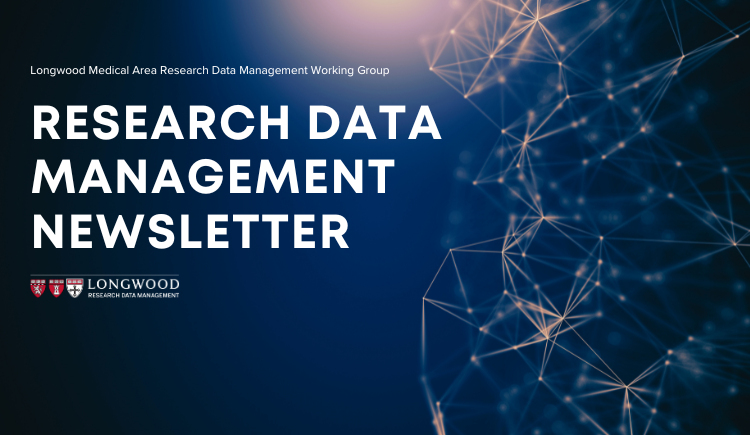 Research Data Management Newsletter banner has a dark blue background with an abstract image of a neural network concept